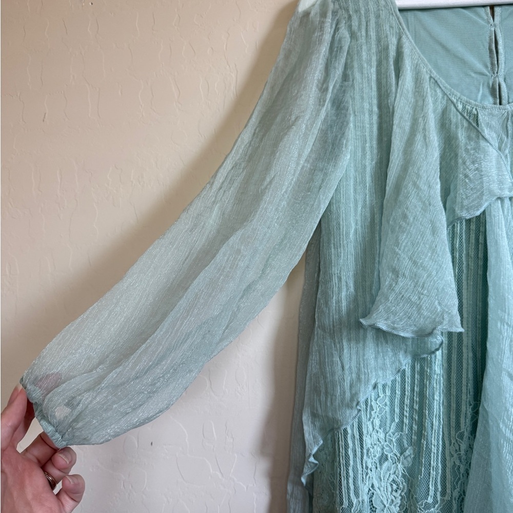 Pretty Angel Light Green Pistachio Tunic Sheer Long Sleeve Dress Lace Fairy - Picture 4 of 9